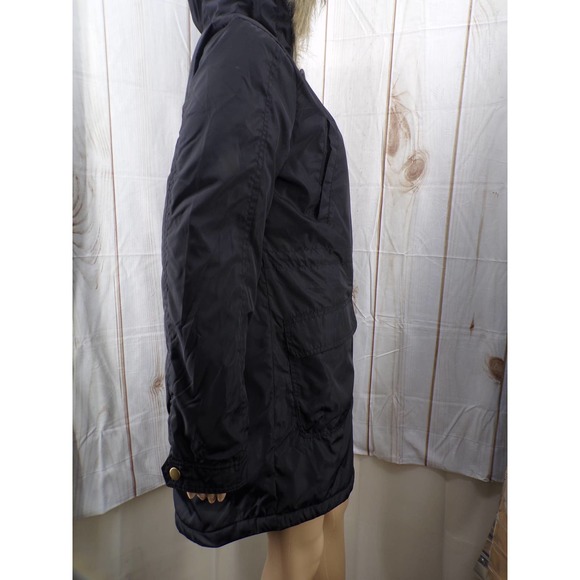 Arizona Jeans Co. Womens Black Jacket Faux Fur Hood Quilt Lining Rain Slick Med - Picture 6 of 11